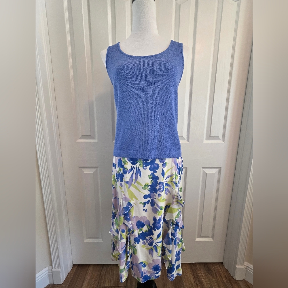 St John Santana Knit 3PC Suit Set Periwinkle Blazer/Shell/Silk Floral Skirt-SZ 6 - Picture 9 of 16